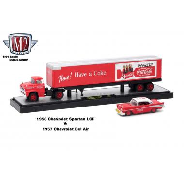 M2 Machines 1958 Chevrolet Spartan LCF and 1957 Chevrolet Bel Air Coke Red
