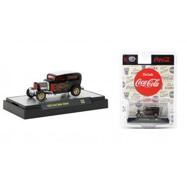 M2 Machines 1932 Ford Tudor Sedan Black with Red Flames, White Top and Red Interior "Coca-Cola"